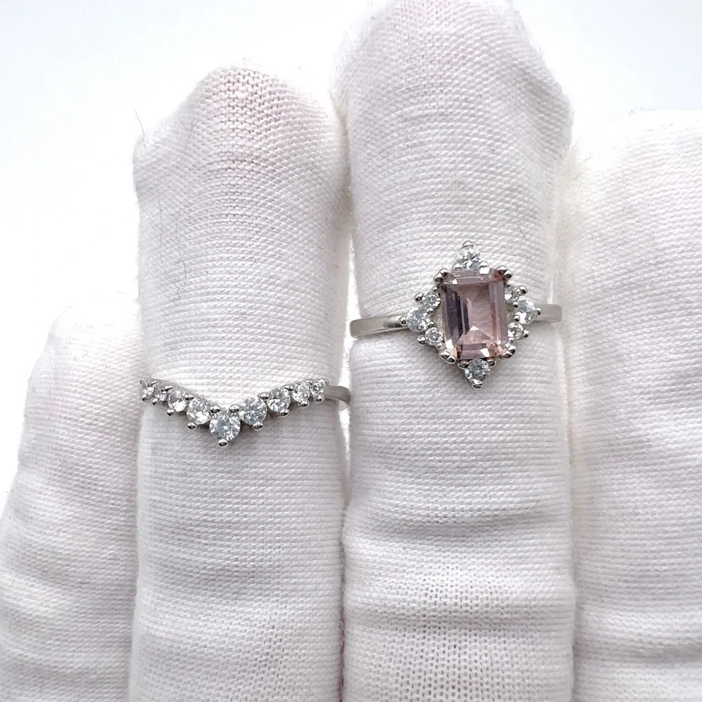 .925 Sterling Silver Light Morganite Cz & Clear Cz 2 PC Ring Set - Picture 10 of 17